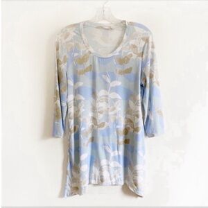 Soft Surroundings tunic shirt blue tan leaf print long sleeves